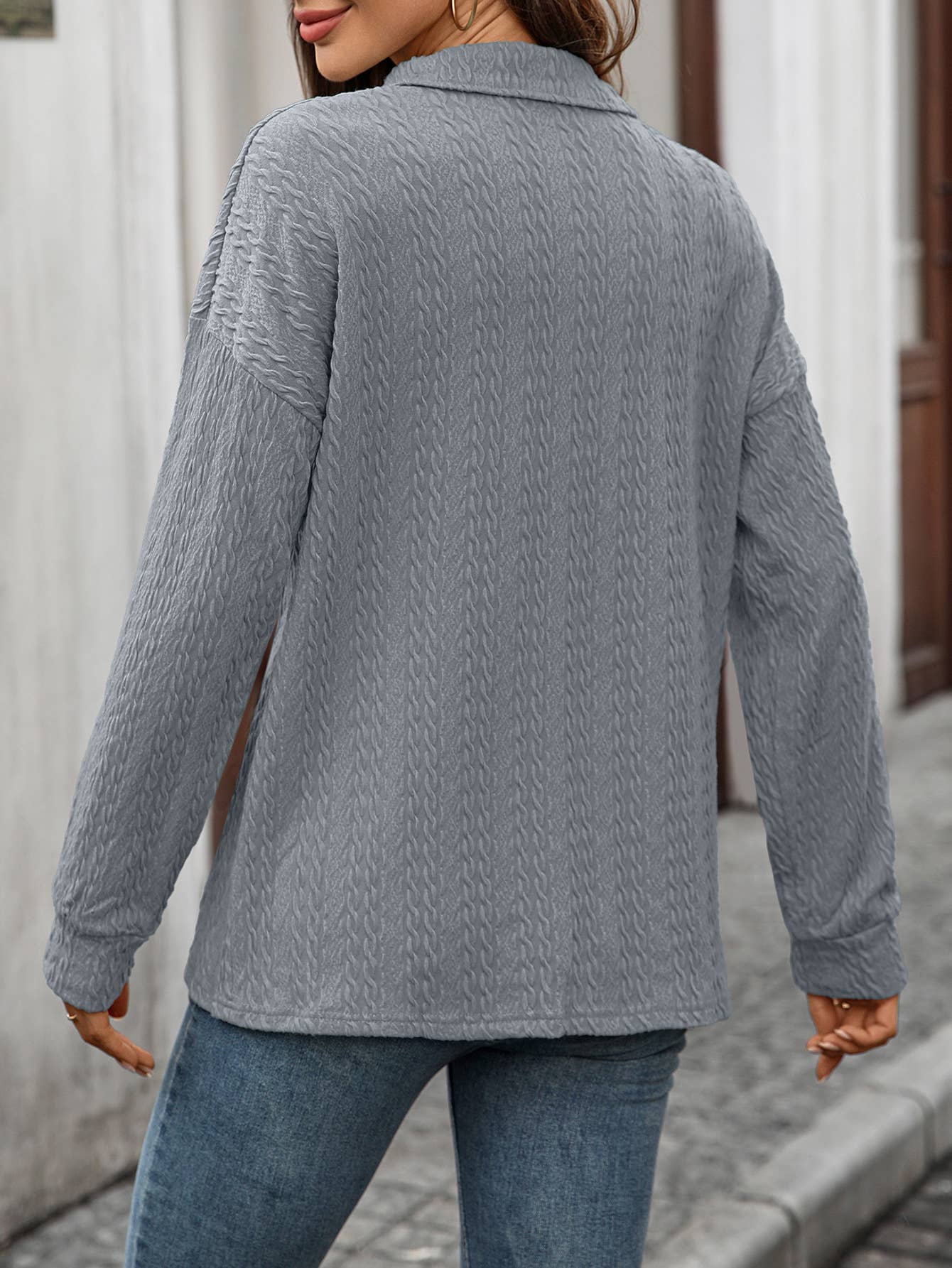 Solid-color lapel button long-sleeved sweatshirt