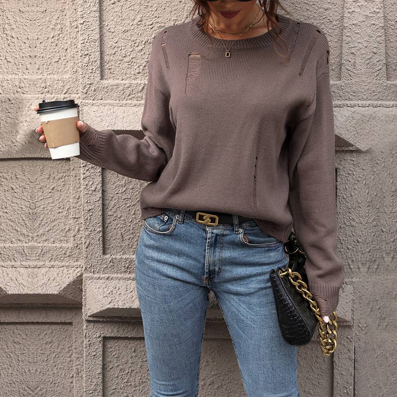 Hollowed-out solid-color loose knitted sweater