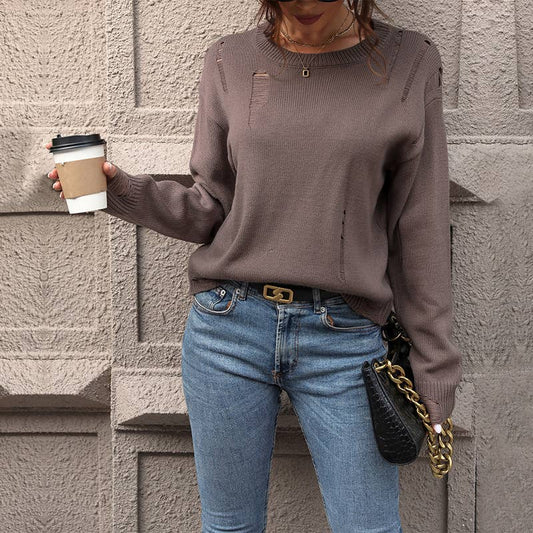 Hollowed-out solid-color loose knitted sweater