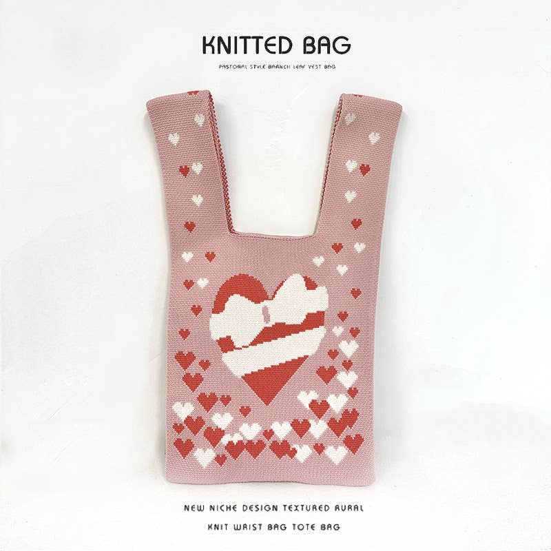 Heart-shaped color-blocked knitted handbag