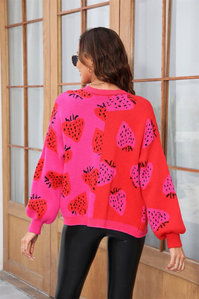 CWOCAL0932_V-NECK BUTTONED STRAWBERRY CARDIGAN KNITTED