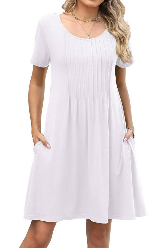 CWDSD10547_SUMMER SOLID COLOR ROUND NECK LOOSE POCKET DRESS
