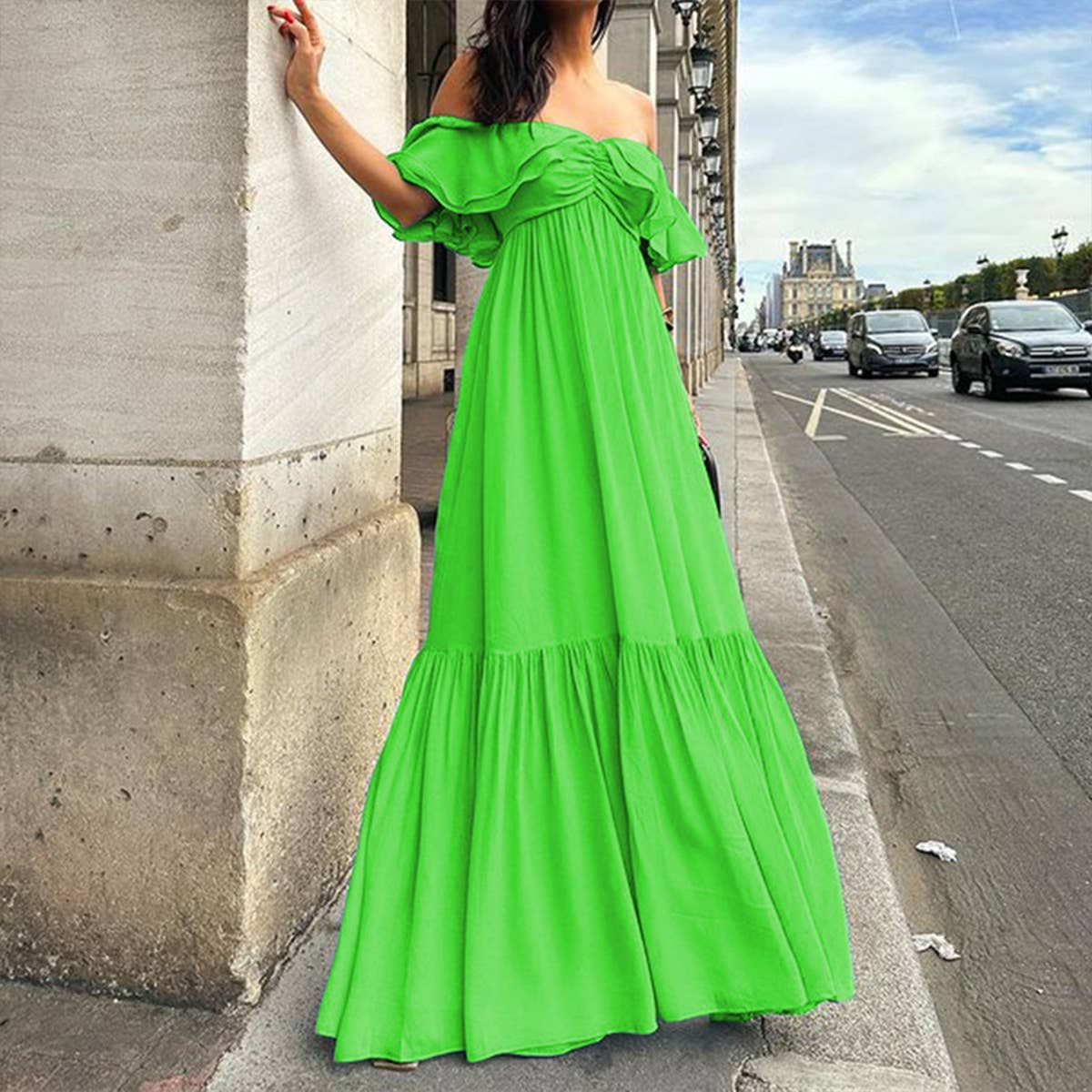 SOLID COLOR ONE-LINE SHOULDER-TOP LONG DRESS