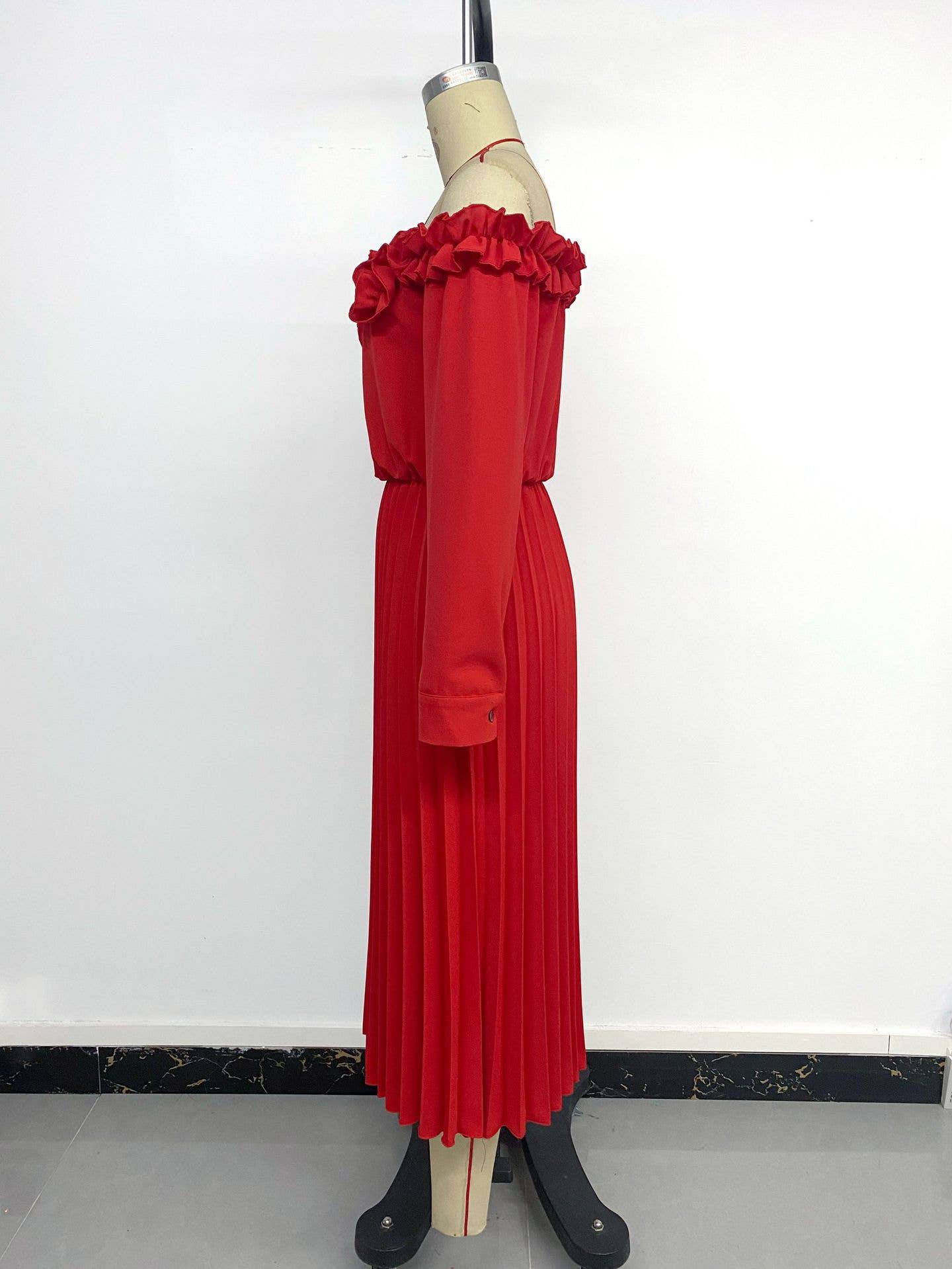 One-shoulder long-sleeved cinched waist dress