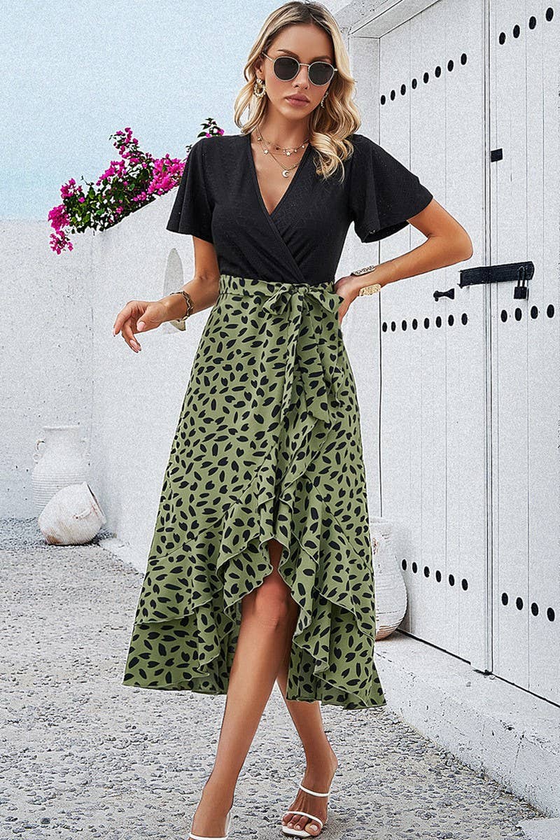 CWDMD4608_ELEGANT CONTRAST COLOR SHORT-SLEEVED V-NECK DRESS