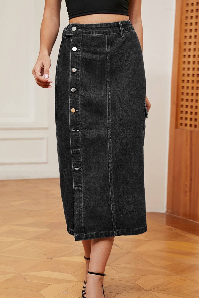 CWJSK00227_TRENDY HALF ELASTIC WAIST DENIM CARGO SKIRT
