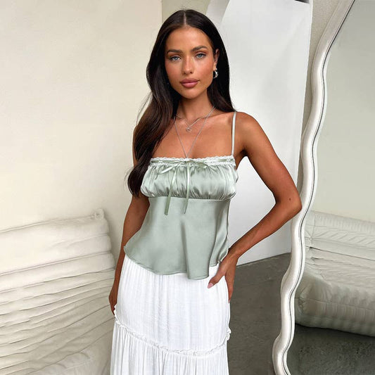 Sexy drawstring satin casual pleated tank top