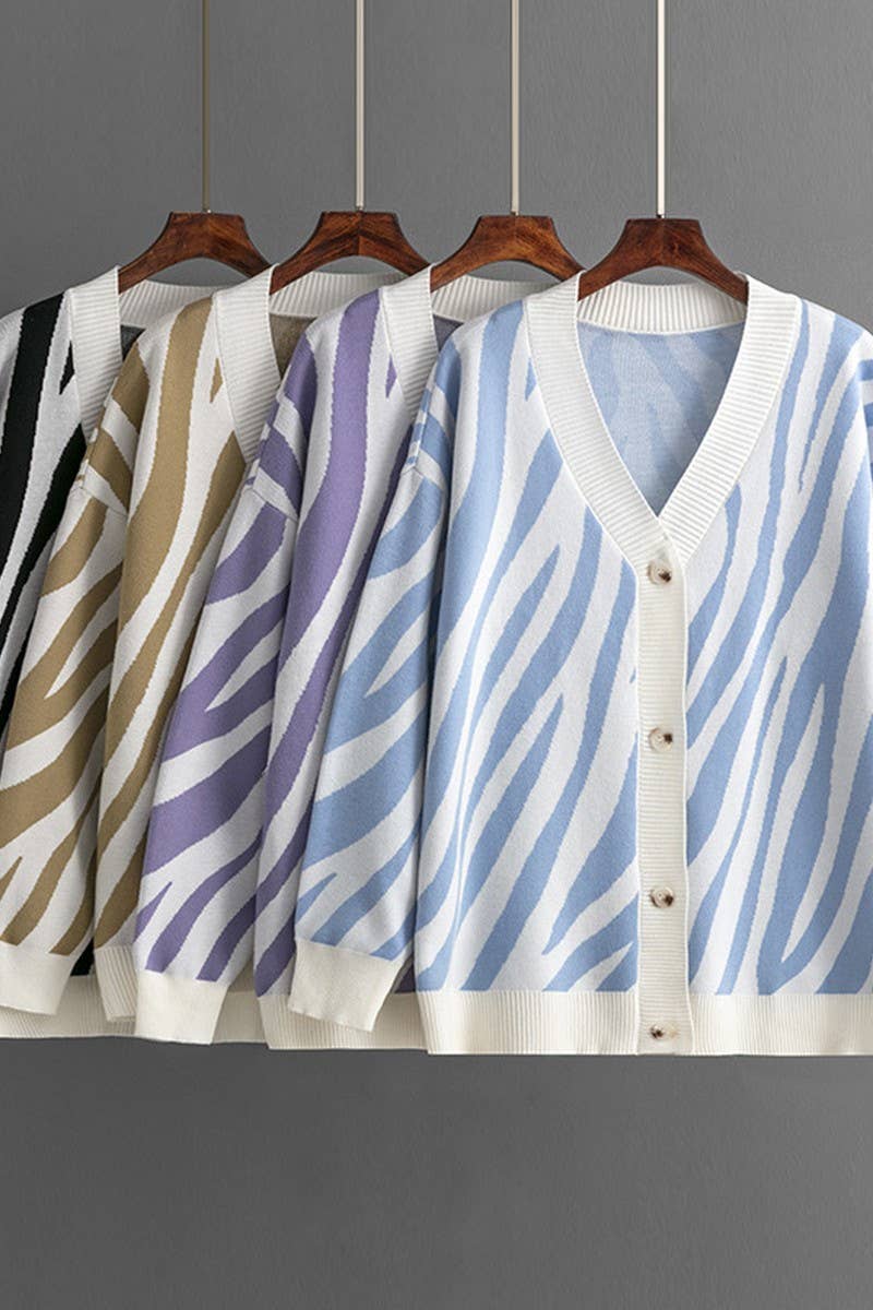 CWOCAL00673_SINGLE BUTTON STRIPED KNIT CARDIGAN