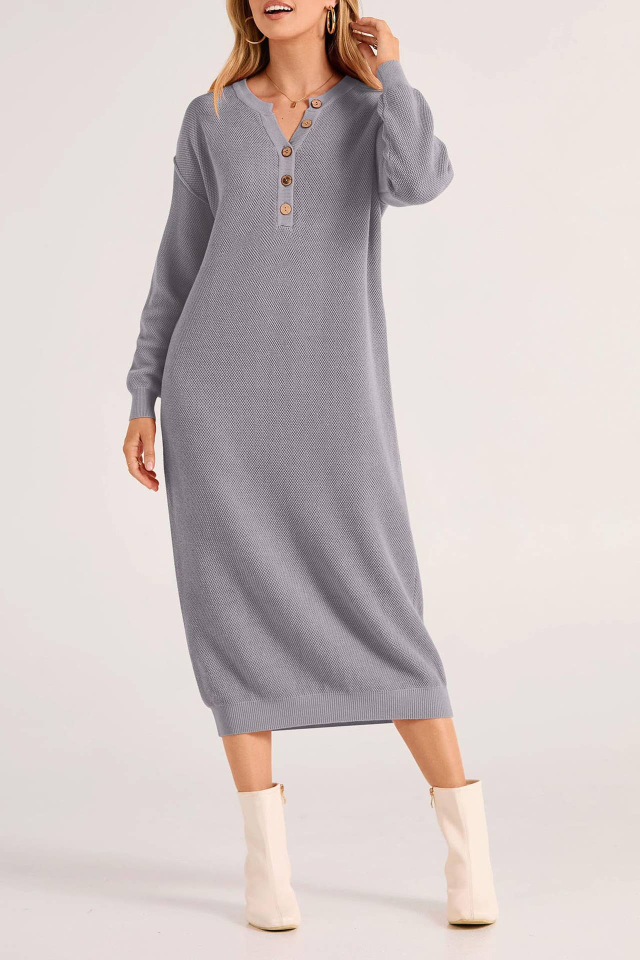 LONG-SLEEVED BUTTON-DOWN V-NECK SWEATER DRESS