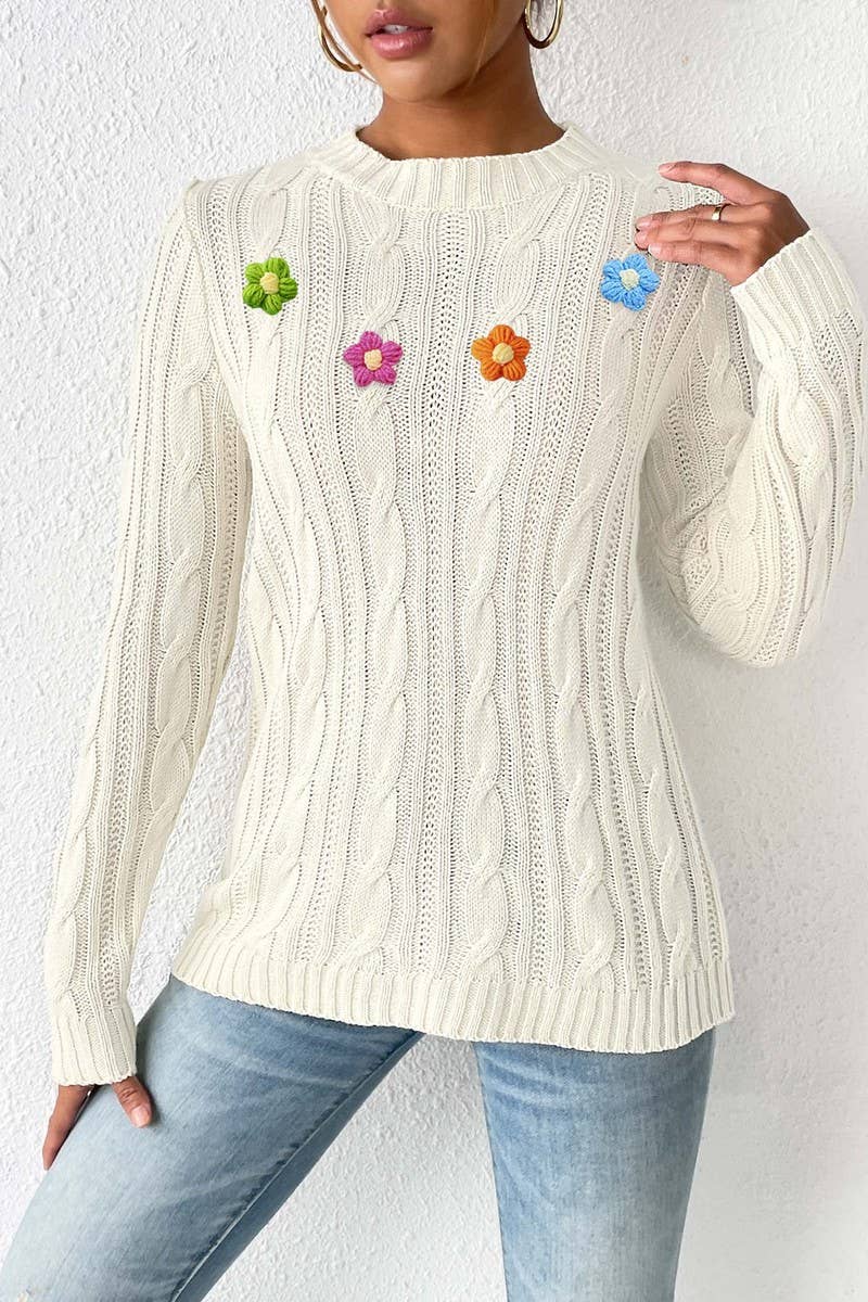 CWOSWL07409_WOMEN ROUND NECK KNIT SWEATER CROCHET PATCHWORK