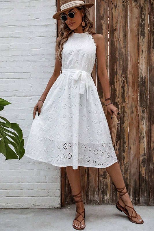 CWDSD8204_EMBROIDERED HIGH WAIST ELEGANT WAIST HALTER DRESS