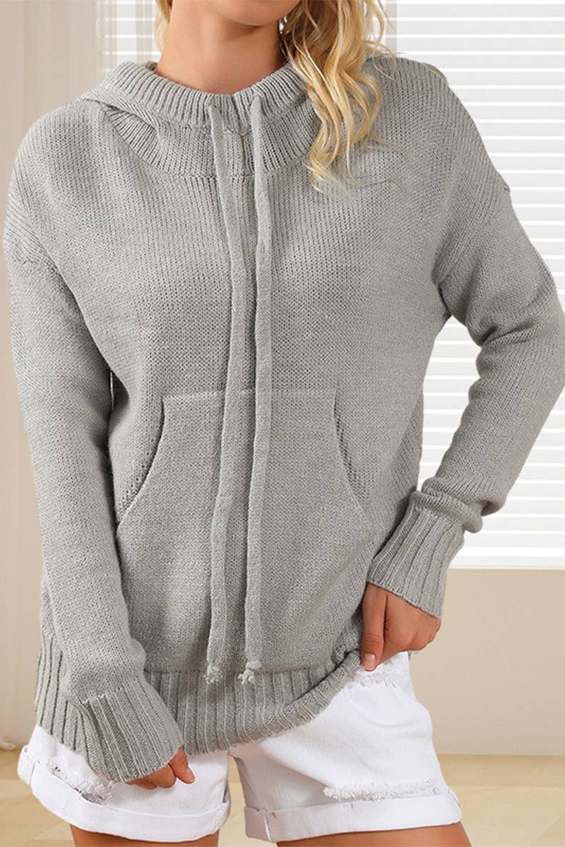 SOLID COLOR LOOSE DRAWSTRING POCKET LOOSE SWEATER