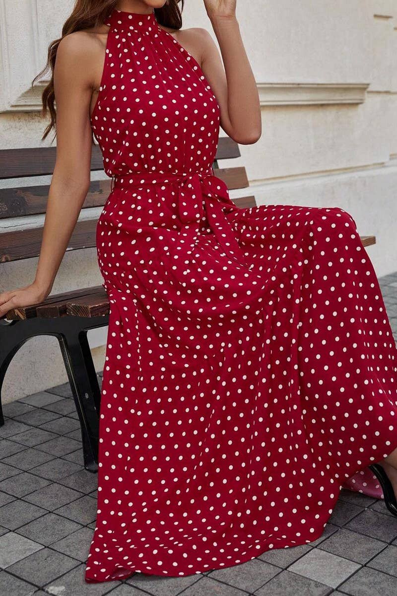 Polka dot printed bouquet ribbon halter dress