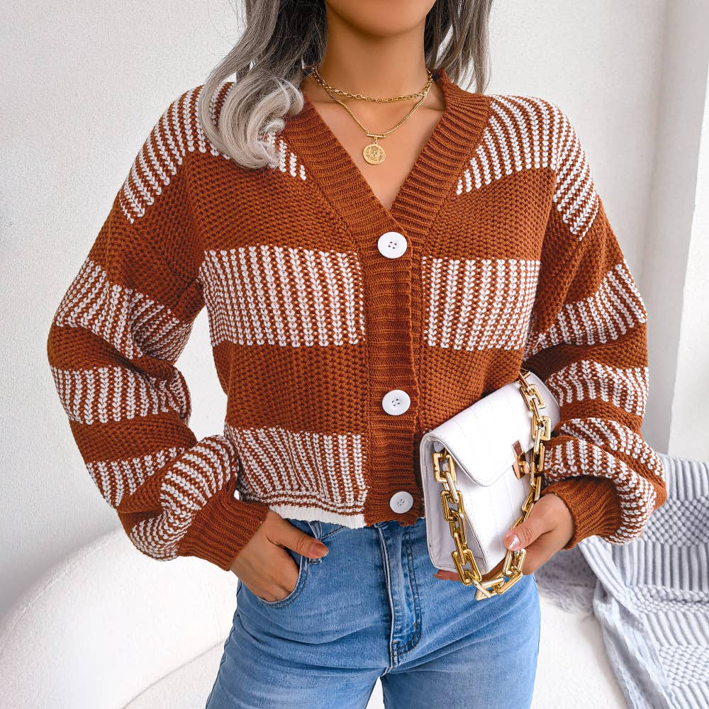 Striped lantern sleeve cardigan jacket