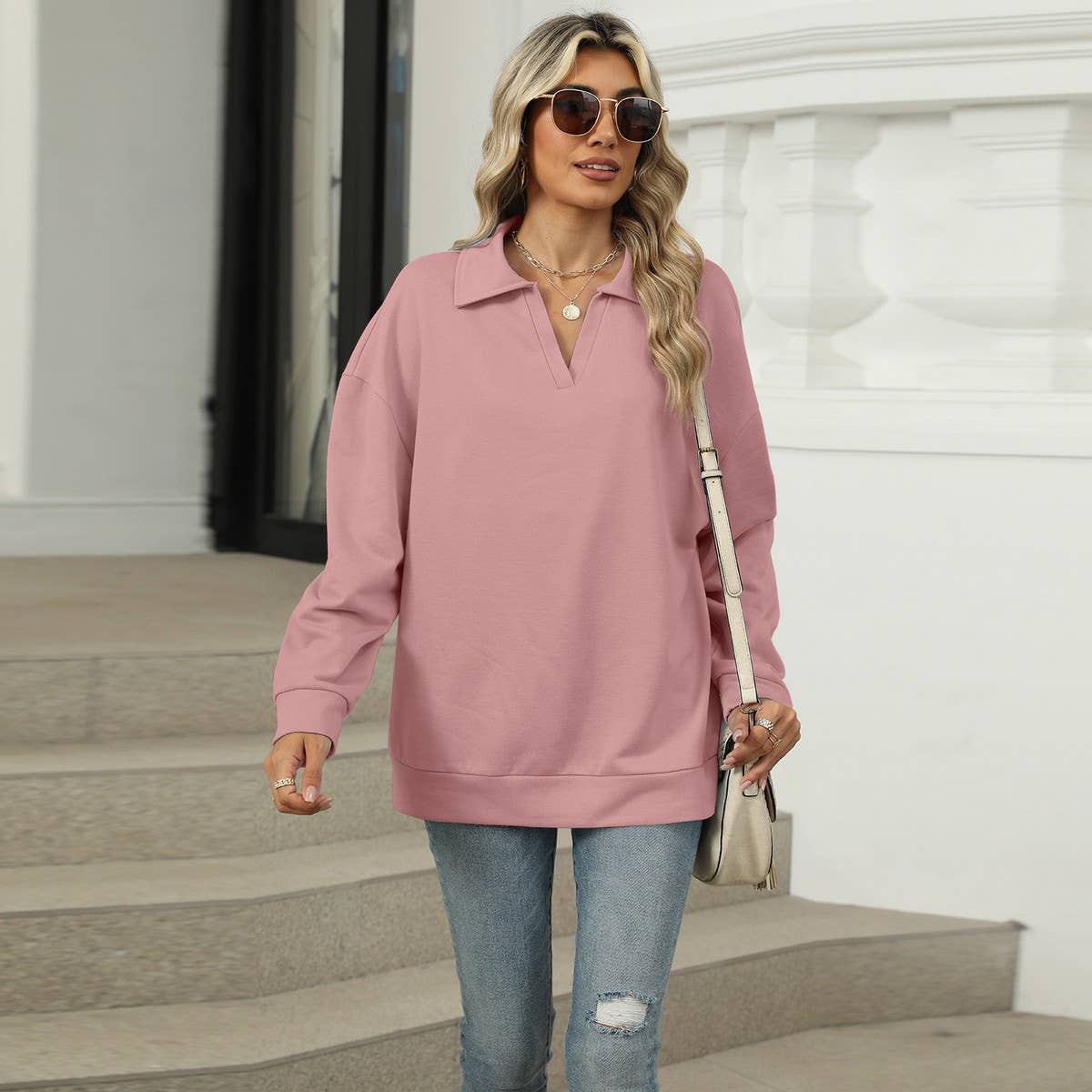Solid color lapel baggy long-sleeved hoodie
