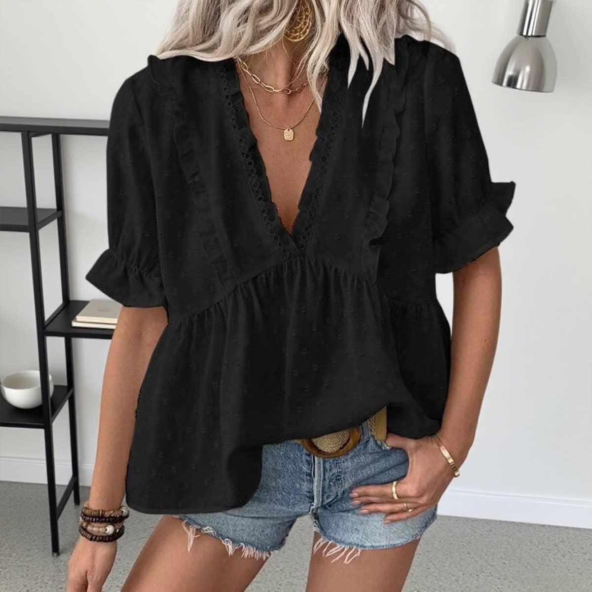 V-neck casual ruffled short-sleeved T-shirt