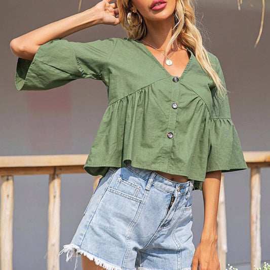 V NECK SINGLE BREASTED SOLID COLOR FRESH SHIRT_CWTBLS0459