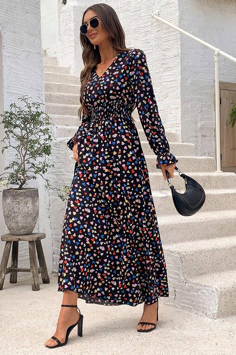 CWDMD4100_PRINTED V-NECK LONG-SLEEVED SWING DRESS