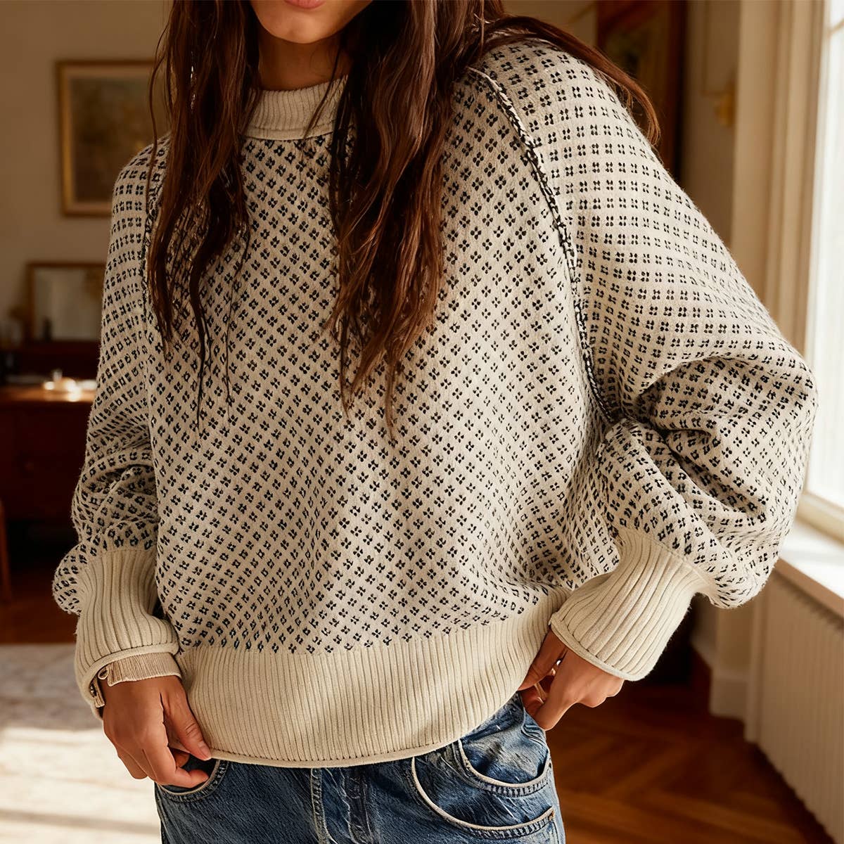 Jacquard long-sleeved round-neck sweater