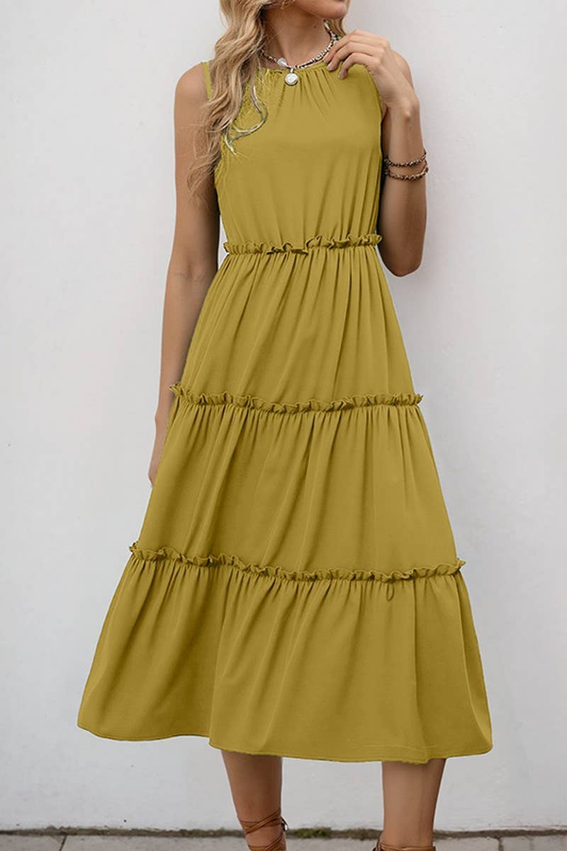 CWDMD5773_SOLID RUFFLED SLEEVELESS PLEATED MIDI DRESS