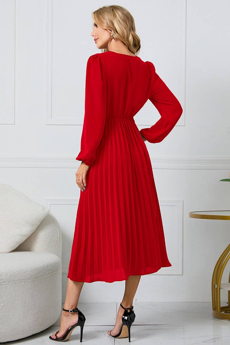 CWDMD1462_V-NECK LONG SLEEVED PLEATED DRESS