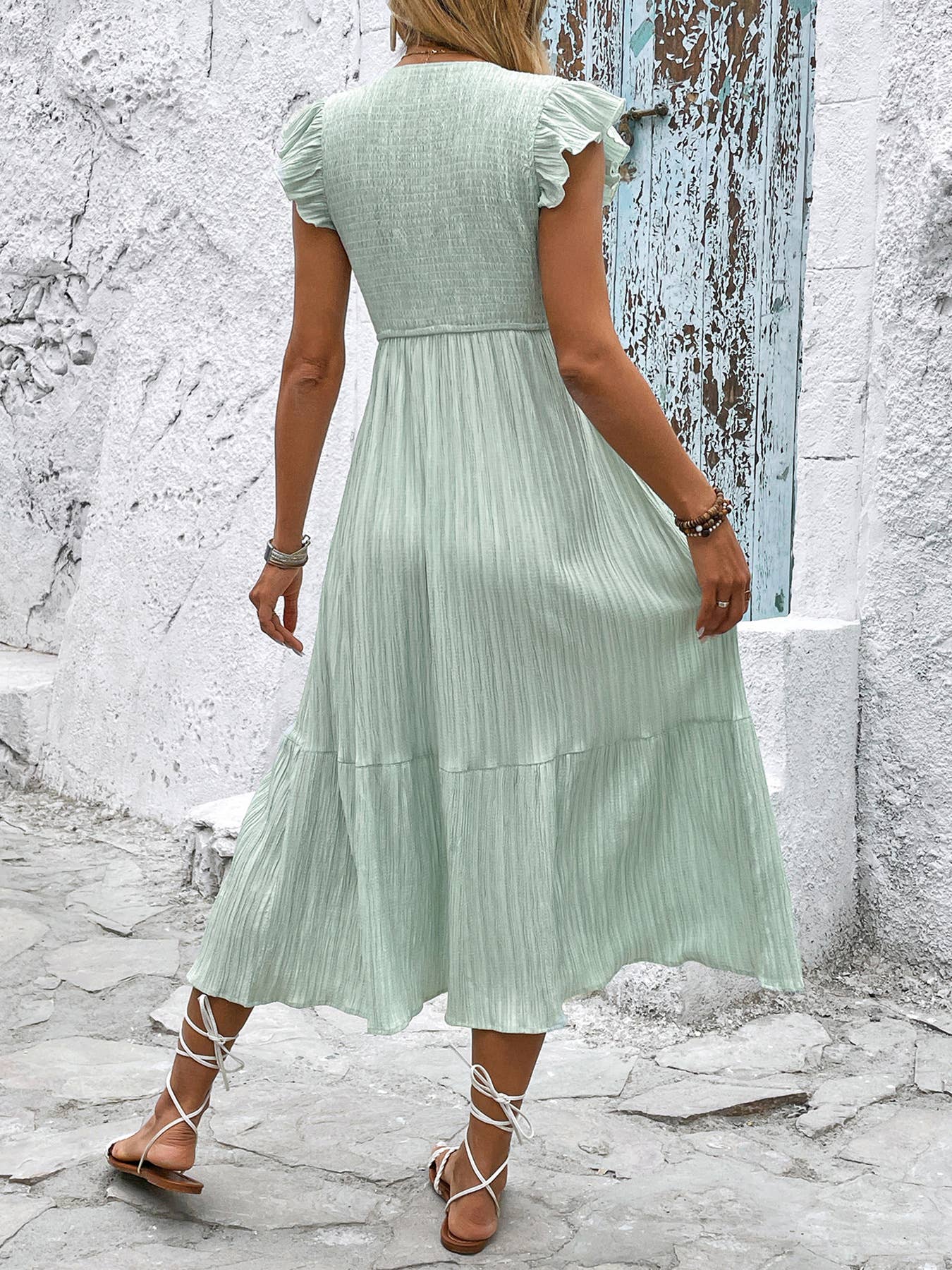 V-Neck Textured Split Hem Light Green Dress