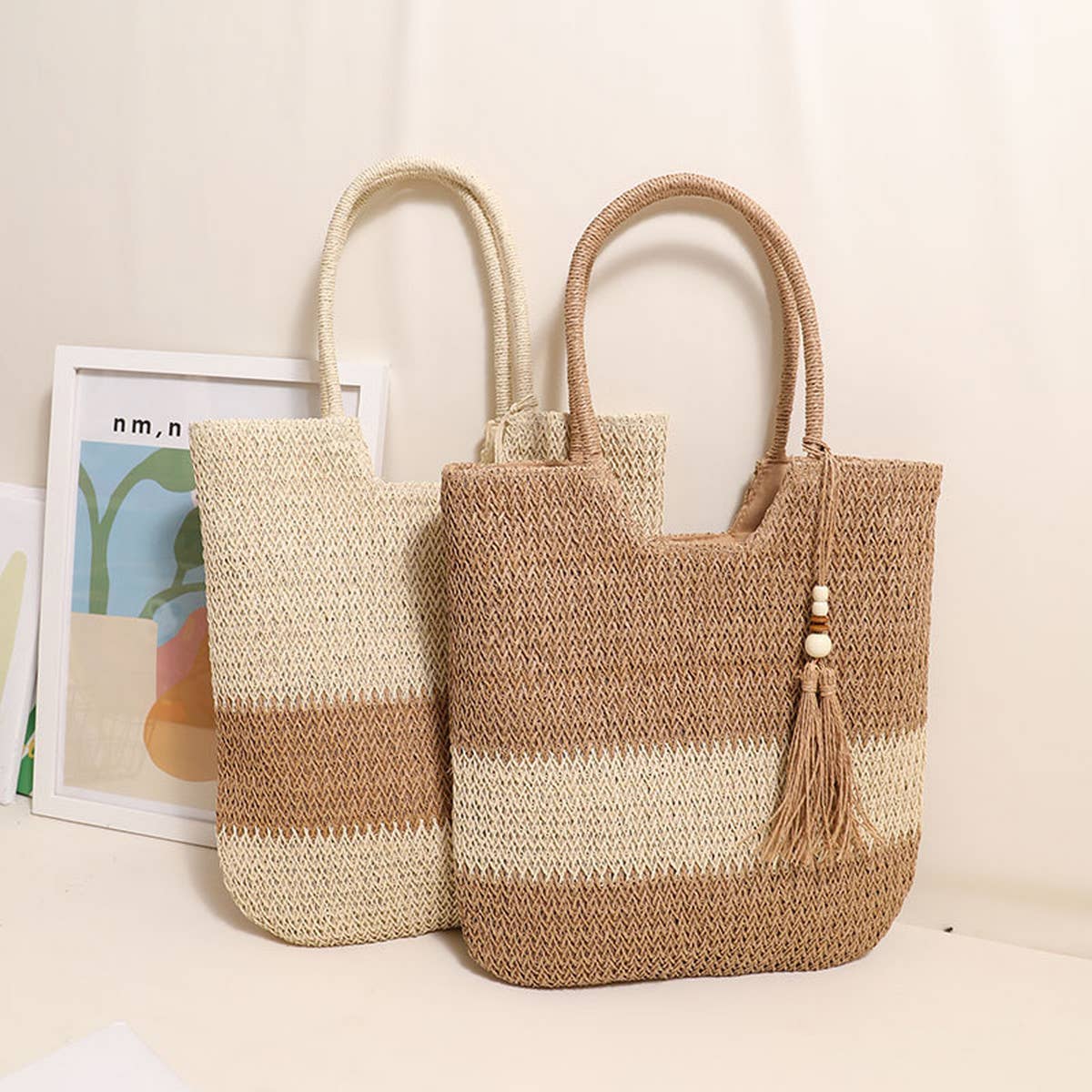 CASUAL WOVEN TWO-COLOR BEACH BAG WOVEN BAG_CWAB1861