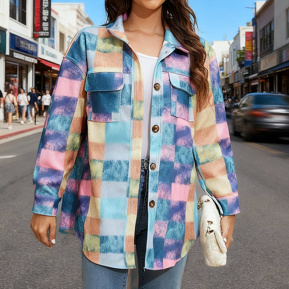 Tweed color-blocked fashionable shirt jacket