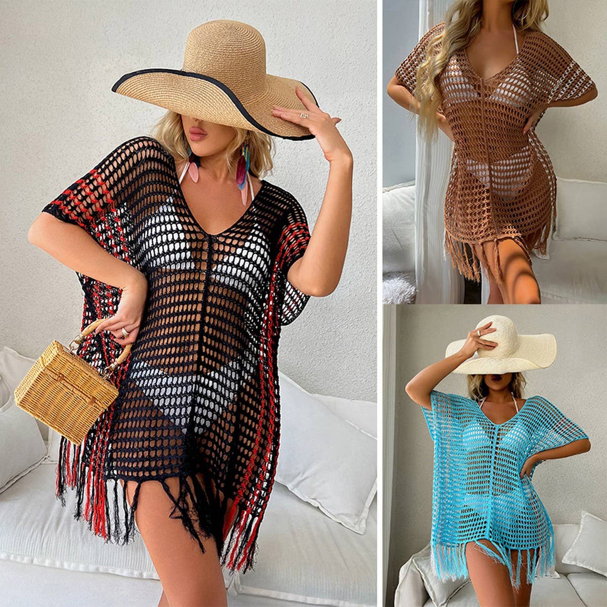 FRINGED CUTOUT BIKINI BEACH SWIMSUIT COVER UP