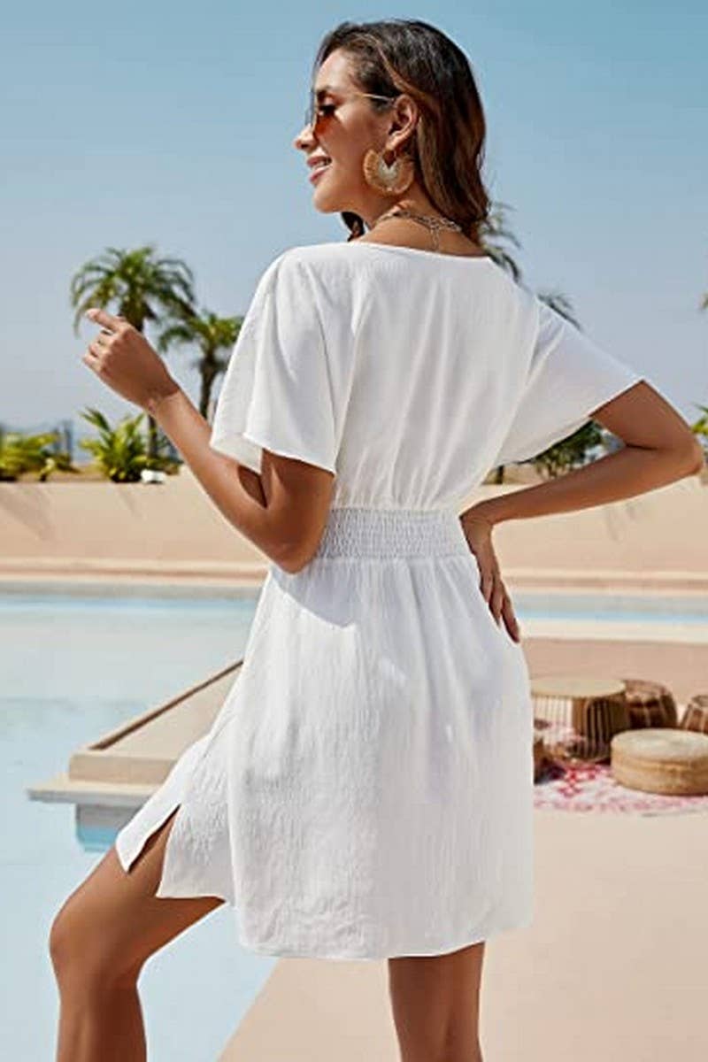 CWDSD3629_CASUAL V-NECK PLEATED SHORT DRESS