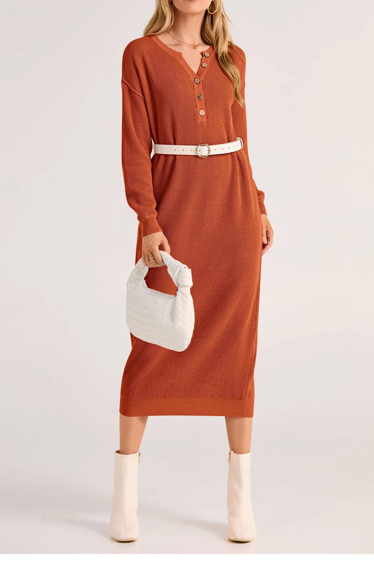 LONG-SLEEVED BUTTON-DOWN V-NECK SWEATER DRESS