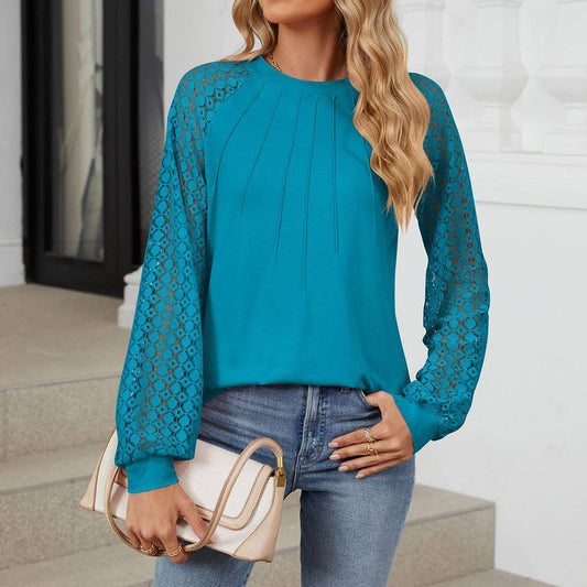 Round-neck solid-color lace long-sleeved T-shirt
