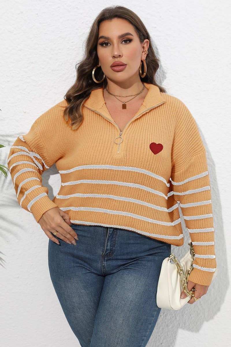 CWOSWL1593_PLUS Size Zip-Up Long Sleeve Pullover Sweater