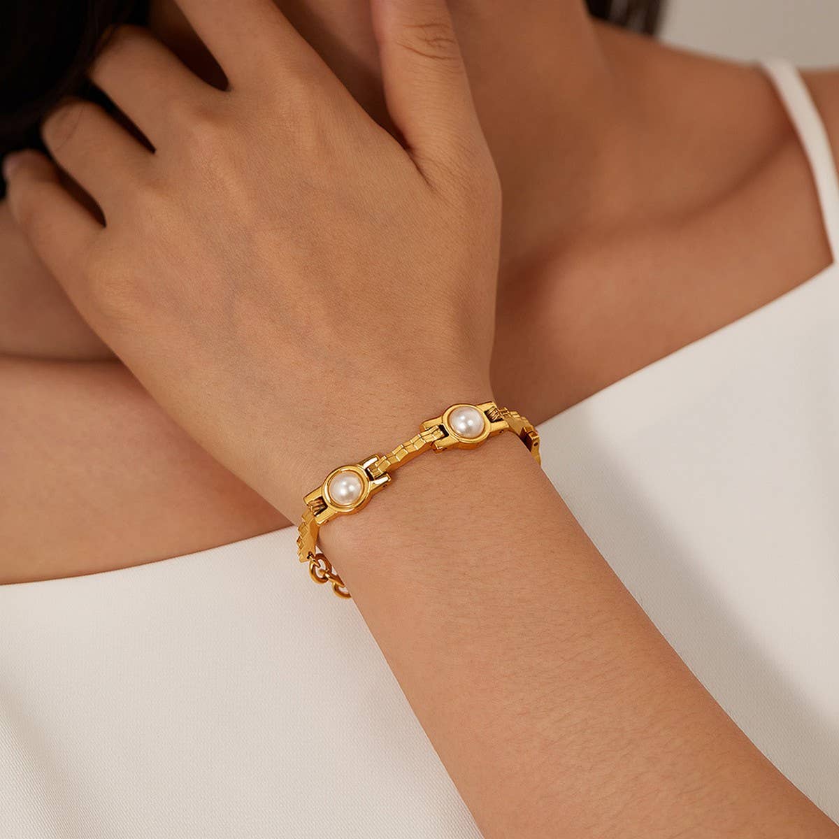 Elegant Pearl Chain Bracelet, Gold-Plated Steel
