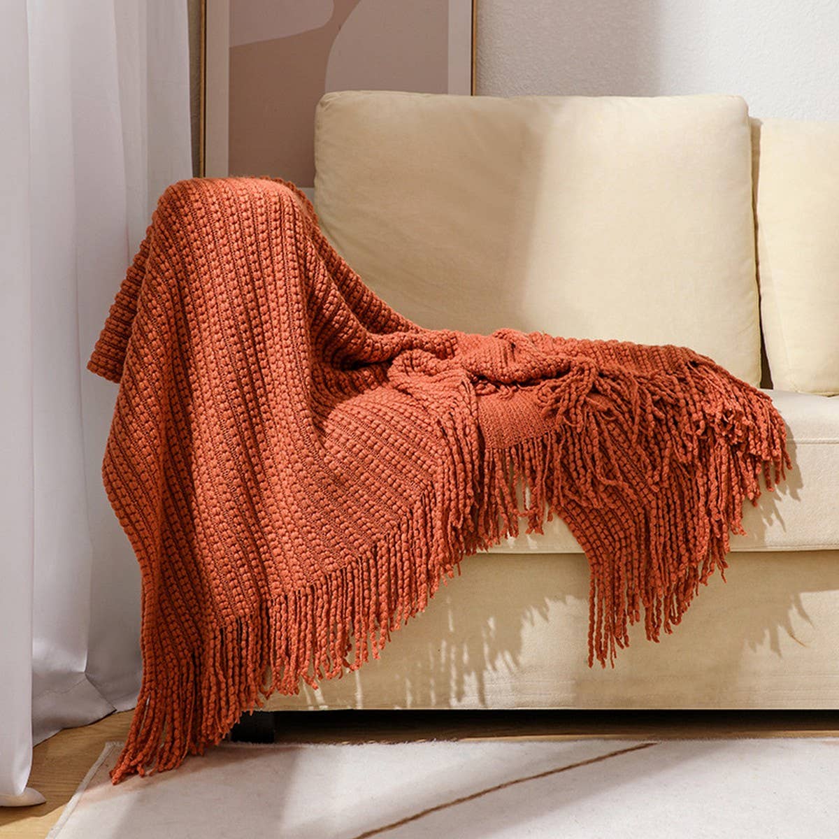 KNITTED SOFT BLANKET WITH TASSELS