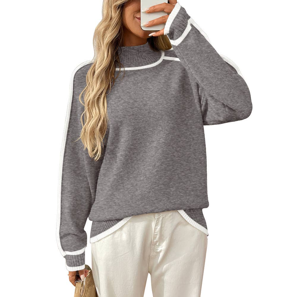Semi-high-neck laid-back color-blocking sweater