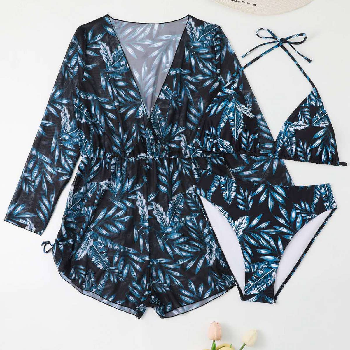 LEAVES SEXY PLUS SIZE SPLIT BIKINI SWIMSUIT_CWMW0223