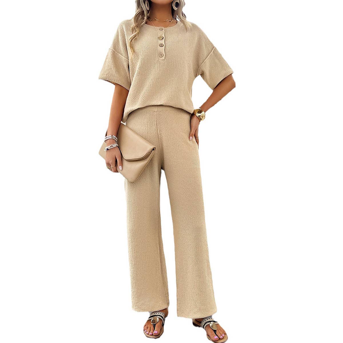 SOLID COLOR KNIT SHORT SLEEVE TOP AND PANTS SUIT_CWSTB0513