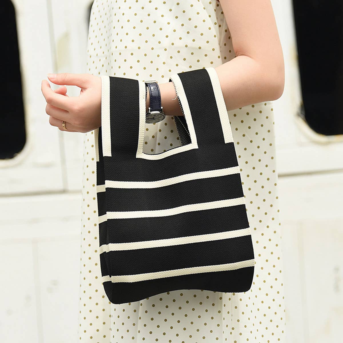 STRIPE PRINT CROCHET TOTE BAG MINI CLUTCH PURSE_CWAB0881