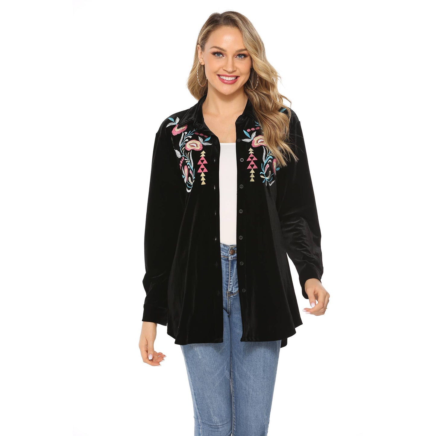 Ethnic-style embroidered lapel shirt