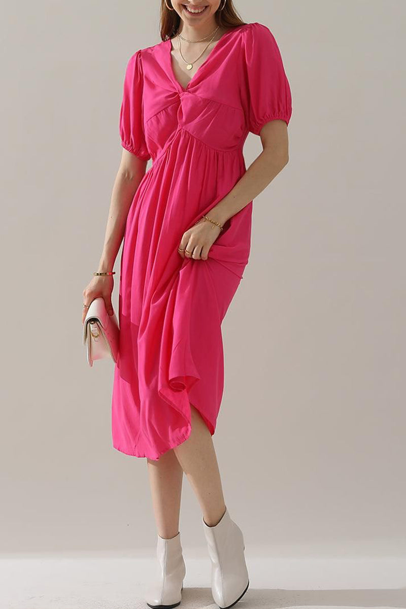 KINK V NECK BALLOON SLEEVE RUFFLED MIDI DRESS