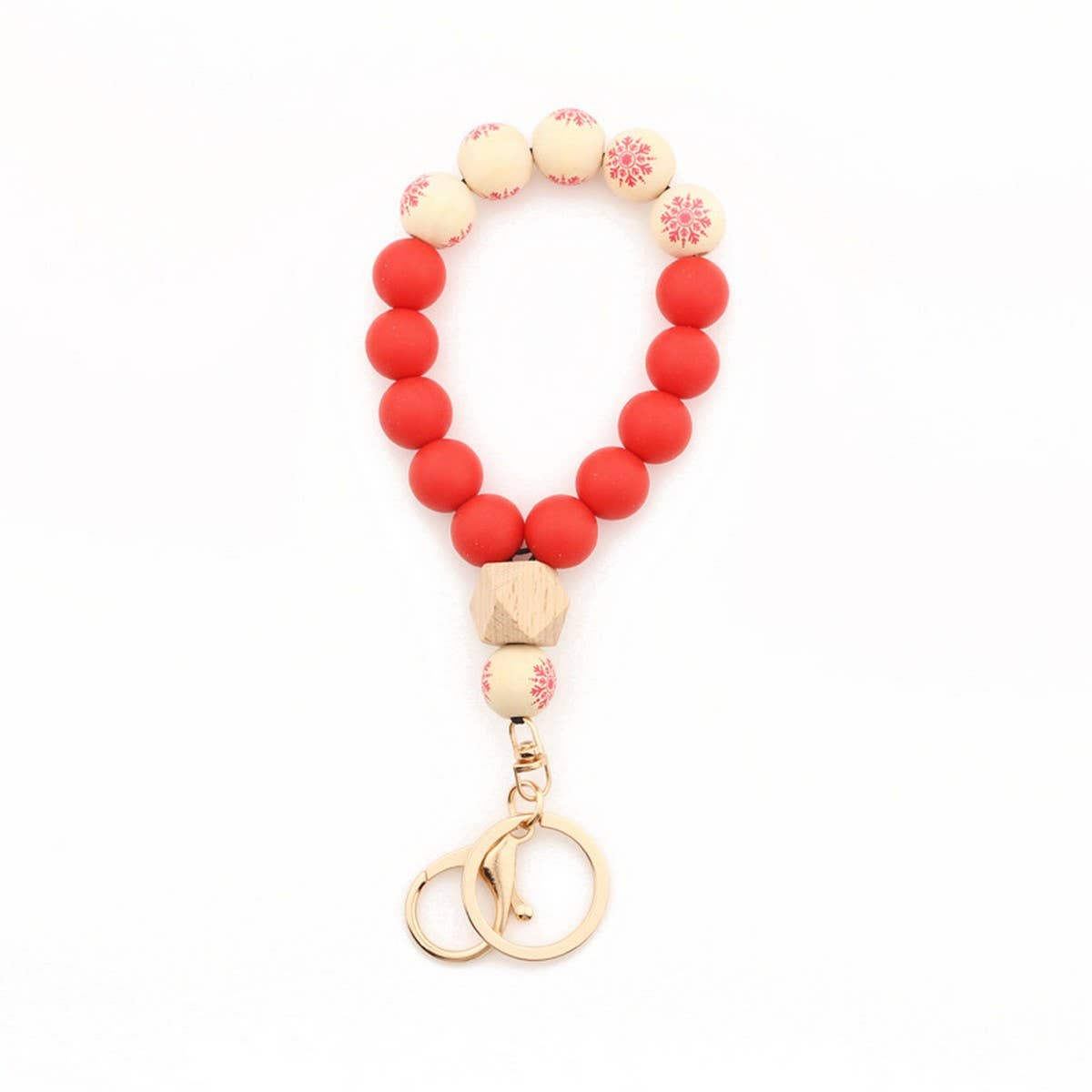Christmas Wood Bead Bracelet with Silicone Keychain