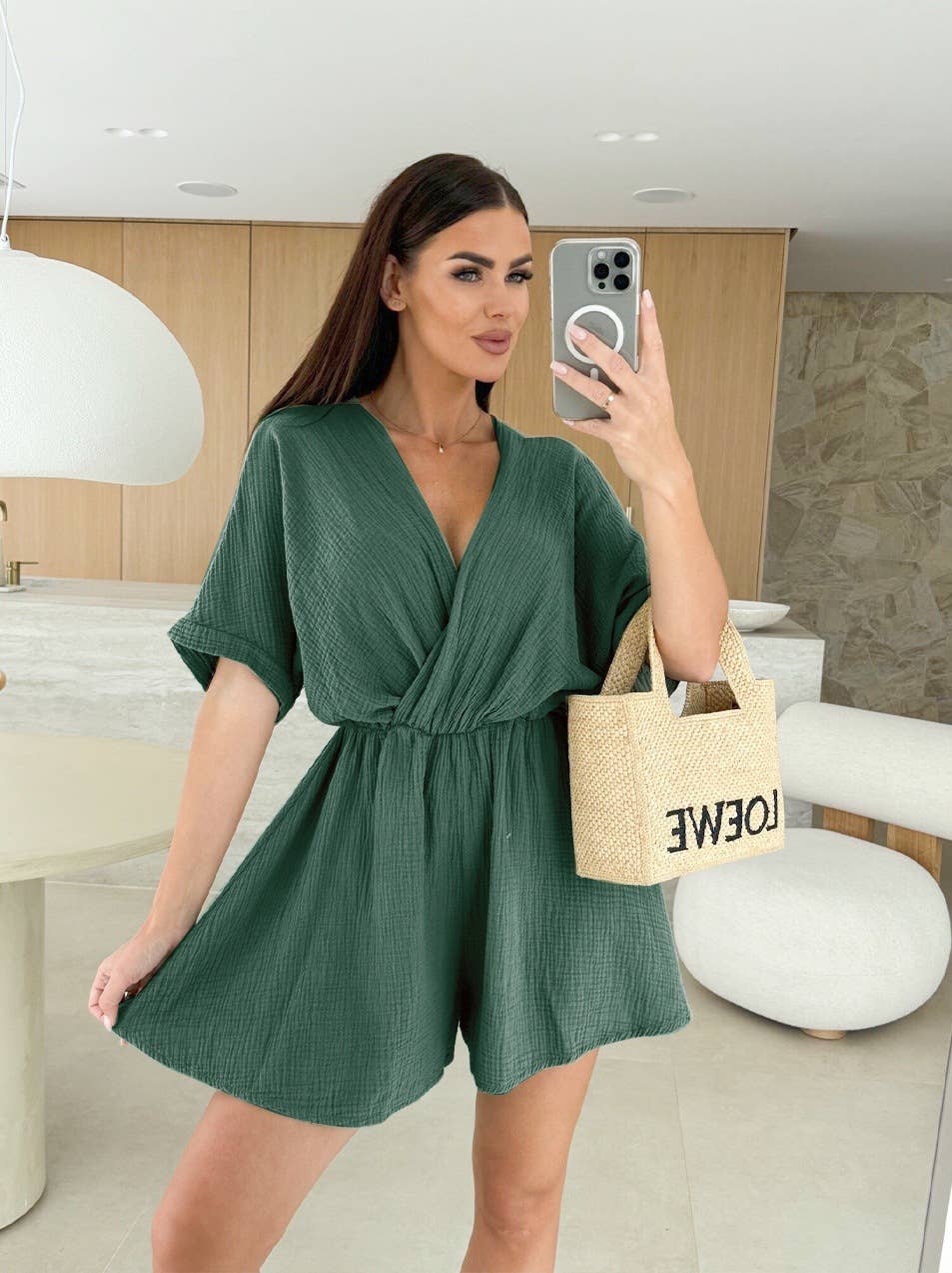 V-neck fashion cinche-waist solid color jumpsuit