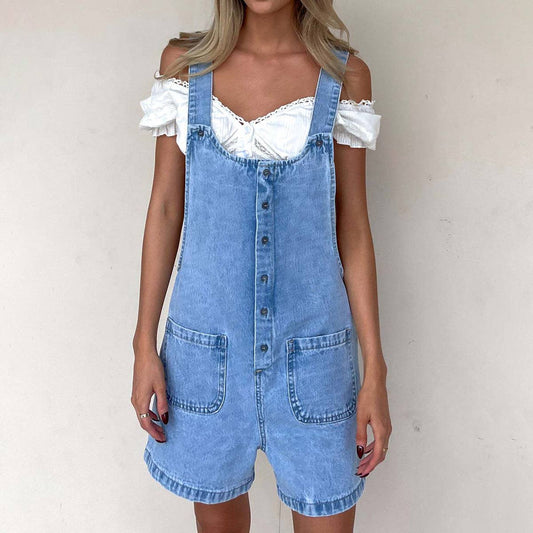 Wash denim rompers with adjustable suspenders
