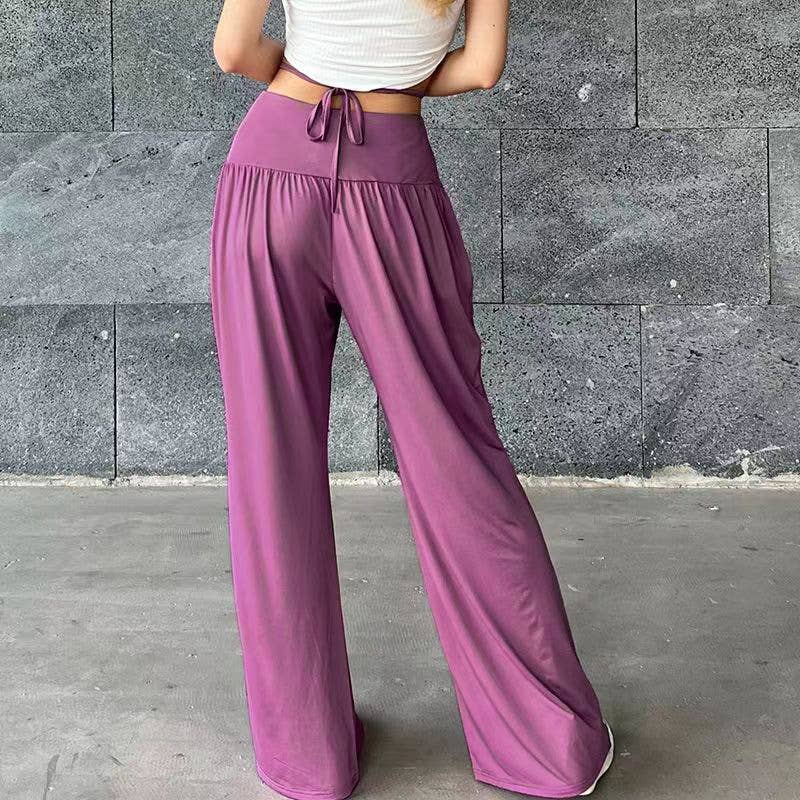 Pleated lace-up slacks Stretch wide-leg pants