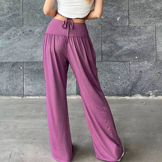 Pleated lace-up slacks Stretch wide-leg pants