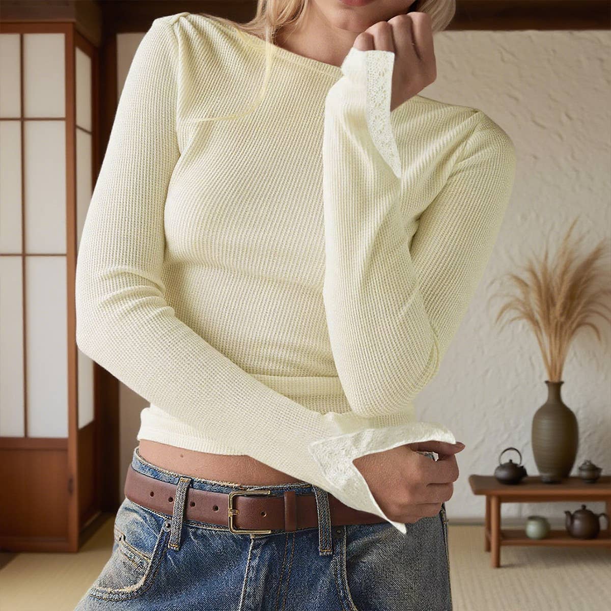 Knitted lace long-sleeved one-shoulder slim top