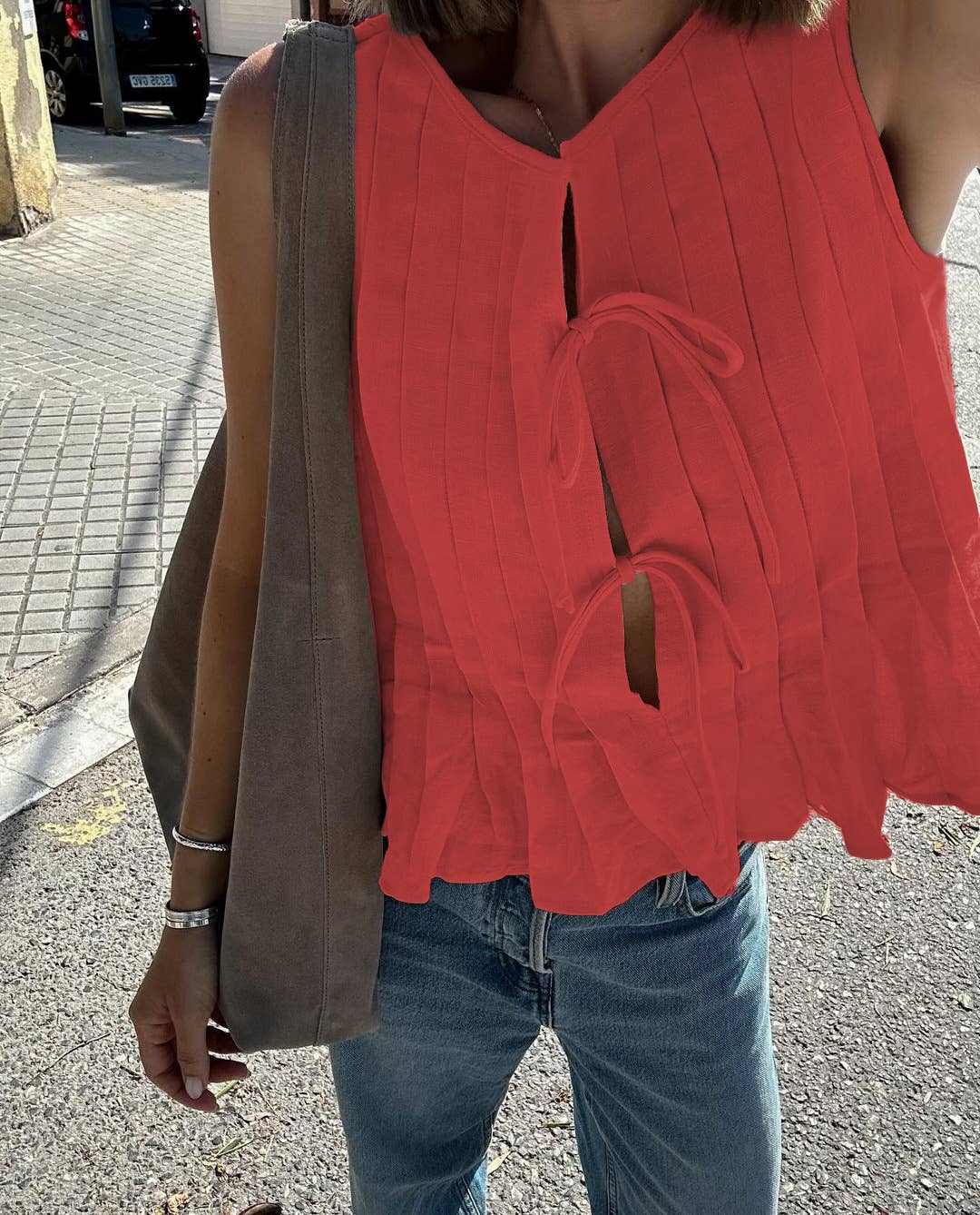 Solid-color strapped cotton linen loose shirt