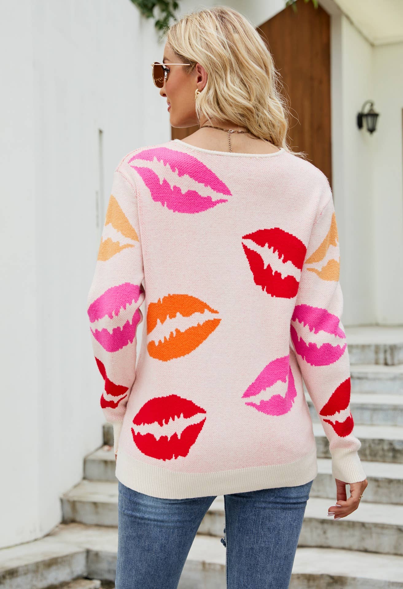 Lip jacquard V-neck core-spun pullover sweater