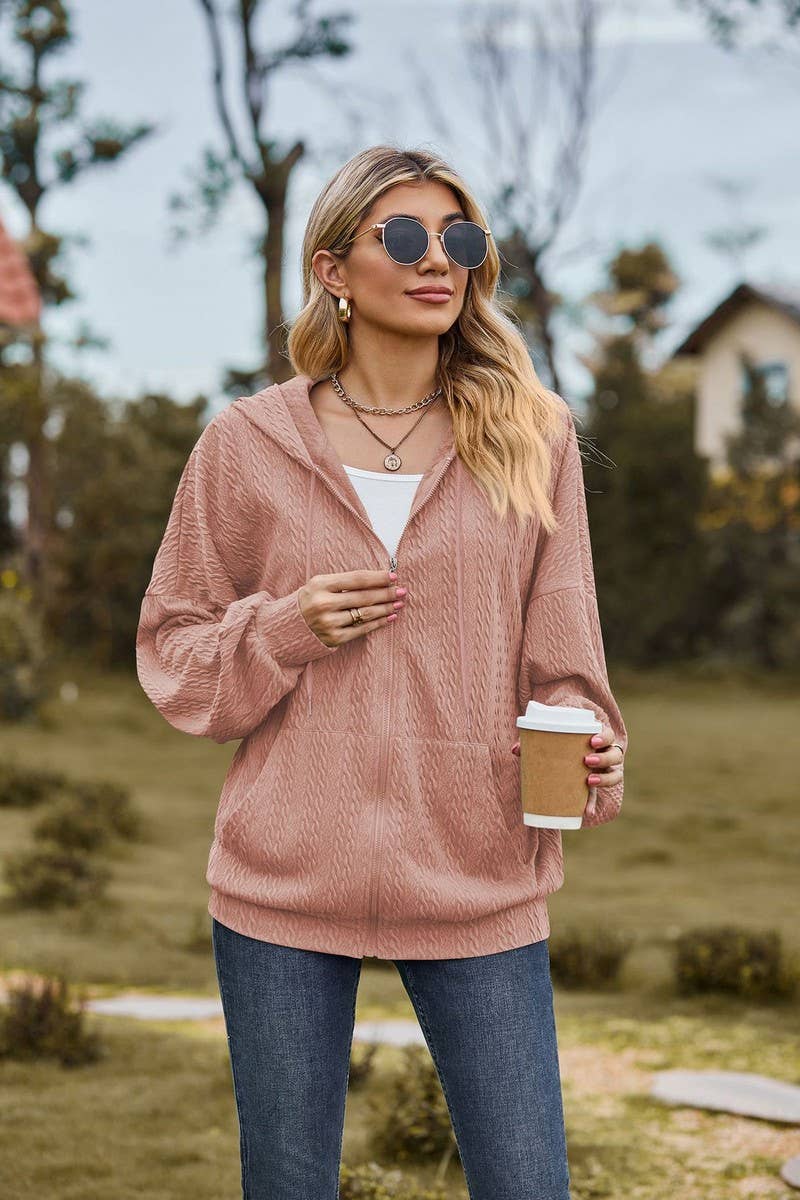 CWOHOL0476_ Casual Zip-Up Open Front Hoodie Cardigan Top